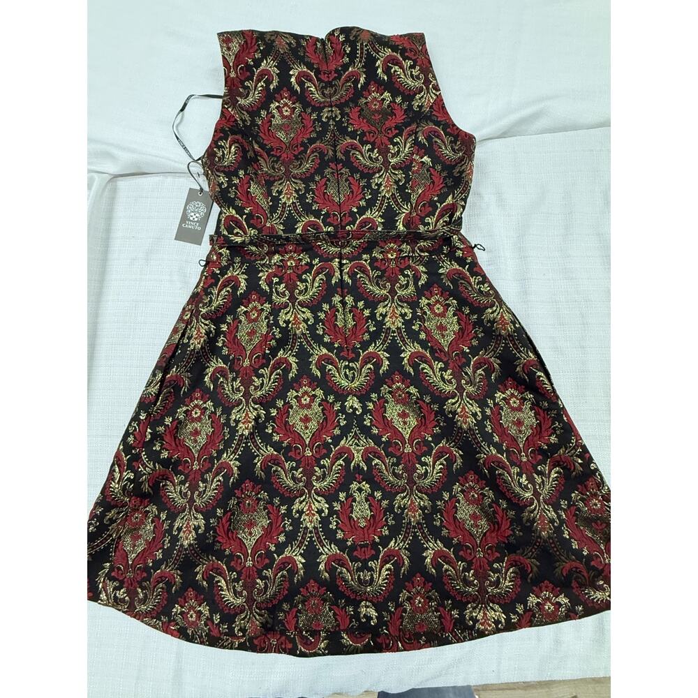 NWT Vince Camuto Dress Size 10 Black Red Gold Brocade Fit Flare Belted - Picture 5 of 5